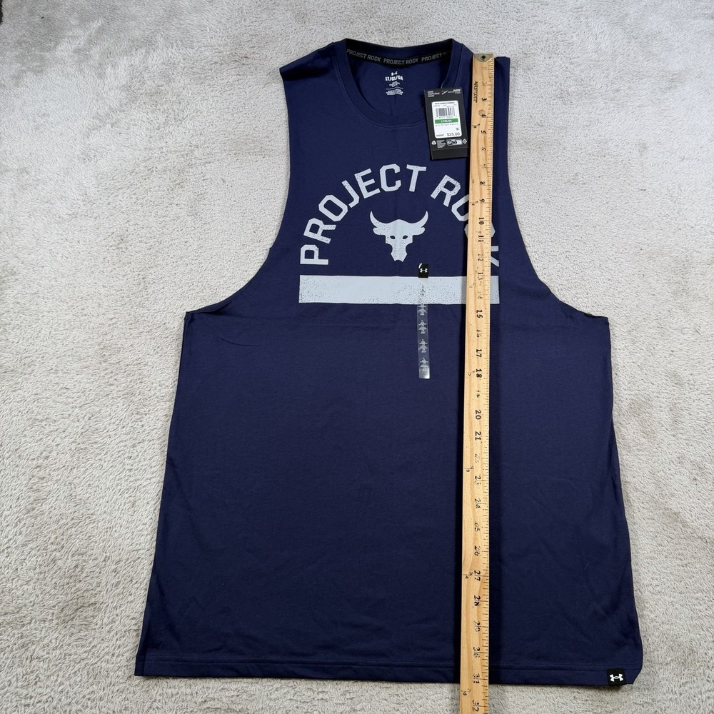 Under Armour Project Rock Tank Mens LT Navy Blue Payoff Sleeveless Top Gym Bull - Picture 5 of 8